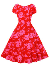 Load image into Gallery viewer, Red Floral Print Sweet Heart Collar Cap Sleeve 1950S Vintage Swing Dress