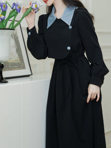 Black 1950S Windbreaker Dress With Blue Buttons