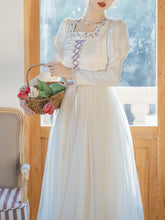 Load image into Gallery viewer, White Square Neck Lavender Embroidered Princess Sleeve Corset Vintage Dress