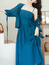 Load image into Gallery viewer, Blue Handmade Rose Spaghetti Strap Maxi Dress Prom Dress With Cardigan