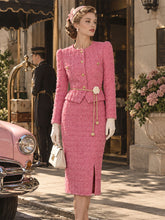 Load image into Gallery viewer, Vintage Pink Tweed Pencil Skirt Suit Dress with Rose Belt