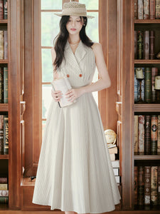 White V Neck Vertical Striped Vintage Dress