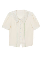 Load image into Gallery viewer, White Peter Pan Collar Short Sleeve Shirt With Green Pleat Skirt Vintage Suit