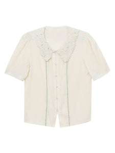 White Peter Pan Collar Short Sleeve Shirt With Green Pleat Skirt Vintage Suit