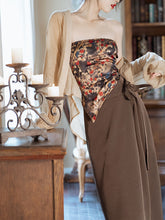 Load image into Gallery viewer, 3PS Brown Floral Tube Top and Slit Skirt 1950s Cardigan Suit