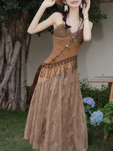 Load image into Gallery viewer, 2PS Brown Lace Strap Dress With Bohemia Cardigan Suit