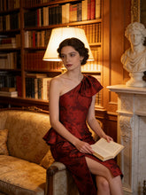 Load image into Gallery viewer, Red Jacquard One Shoulder Ruffle Bodycon Dress