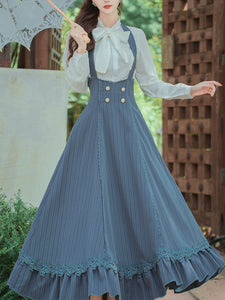 2PS White Bowknot Shirt And Blue Stripe Swing Strap Dress 1950S Dresss Set