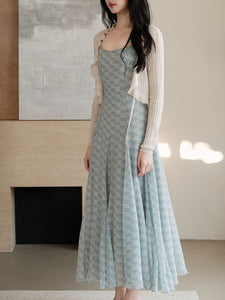 Baby Blue Printed Spaghetti Strap Chiffon Romantic Fishtail Dress and White Cardigan