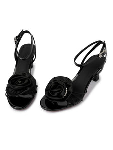Women's Round Toe Handmade Rose Spool Heel Sandals Leather Vintage Shoes