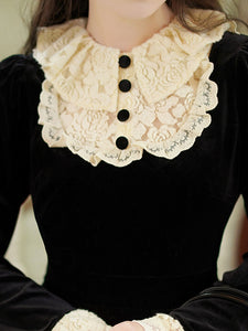 Black Velvet Lace Ruffles Edwardian Revival Dress