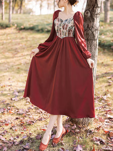 Wine Red Square Collar Floral Print Corset Long Sleeve Vintage 1950S Dress