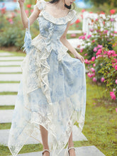 Load image into Gallery viewer, 2PS Blue Square Collar Lace Floral Print Sleeveless Top With Skirt Vintage 1950S Suit