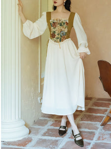 Apricot Square Collar Floral Print Corset Long Sleeve Vintage 1950S Dress