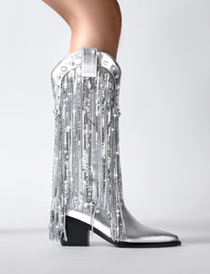 7CM Luxury Silver Fringed Chunky Heel  Boots Vintage Shoes
