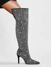 Load image into Gallery viewer, Black High Heel Pointed Toes Luxury Bling Rhinestone Boots Shoes