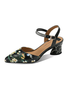 White Floral Print Rhinestone Chunky Heel Vinatge Shoes