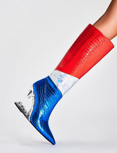 Blue High Heel Pointed Toes Metallic Leather Boots Shoes