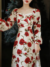 Load image into Gallery viewer, White Sweet Heart Collar Rose Print Long Sleeve Vintage Dress