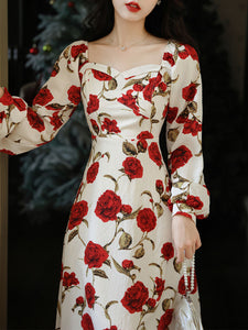 White Sweet Heart Collar Rose Print Long Sleeve Vintage Dress