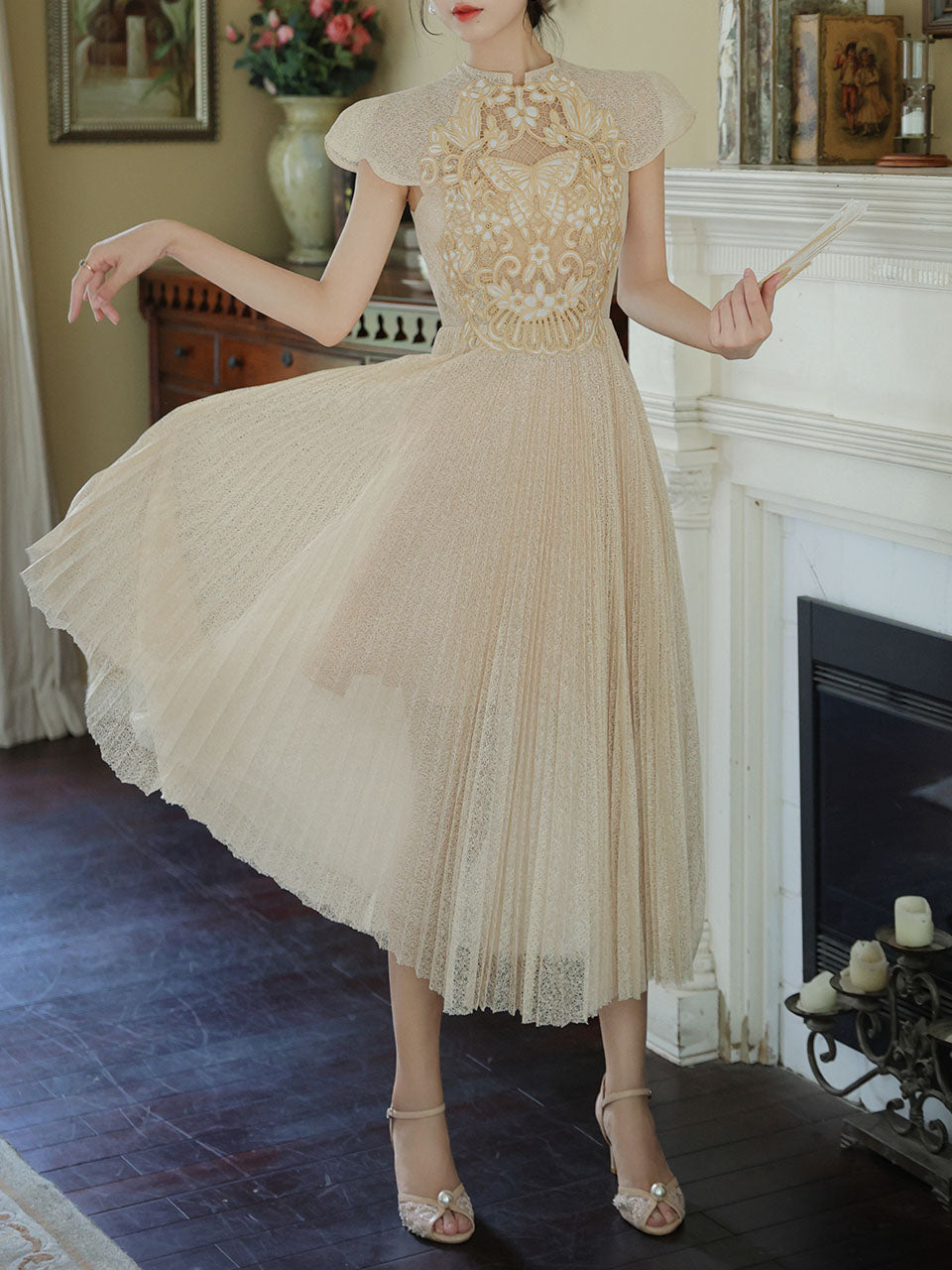 Apricot Embroidered Butterfly Hollow Short Sleeve Lace Dress, Apricot / L Apricot Embroidered Butterfly Hollow Short Sleeve Lace Dress, Apricot / L