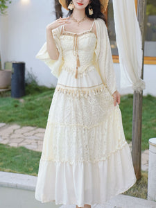3PS White Bohemian Top Tassel and Skirt 1970S Vintage Set