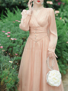 Champagne V Neck Long Sleeve Corset Vintage 1950S Dress