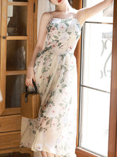 Load image into Gallery viewer, 2PS White Knitted Cardigan With Rose Print Spaghetti Strap 50S Vintage Dress Set