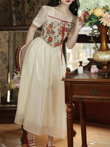 Apricot Square Collar Floral Print Corset Short Sleeve Vintage 1950S Dress