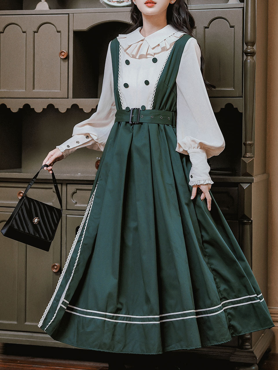 Dark Green Long Lantern Sleeves Edwardian Ruffle Dress, Dark Green / L