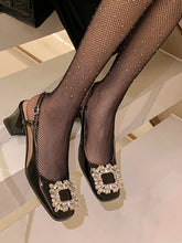 Load image into Gallery viewer, Women&#39;s  Round Toe Rhinestones Chunky Heel Sandals Leather Vintage Shoes