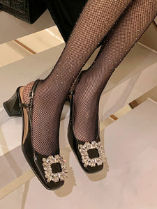 Women's  Round Toe Rhinestones Chunky Heel Sandals Leather Vintage Shoes