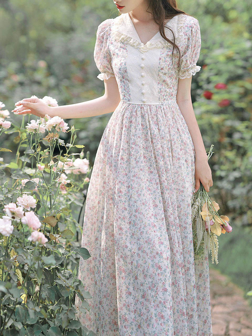 Pink Lace Floral Print Puff Sleeve Fairy Corecottage Dress