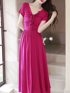 Rose Red V Neck Short Sleeve Vintage 1950S Dress