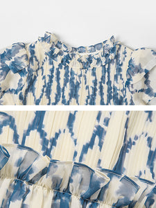 Blue Floral Print Puff Sleeve Organza 1950S Dress