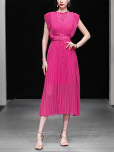 Rose Crew Neck Ruffles Pleated 1970S Vintage Dress