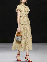 Load image into Gallery viewer, 2PS Brown Floral Print Ruffled Sleeve Shirt With Swing Skirt Set