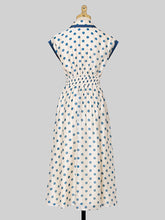 Load image into Gallery viewer, Blue Polka Dots Bow Collar 1950S Vintage Dress With Cap Sleeve