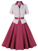 Load image into Gallery viewer, 1950S Wine Red Plaid Long Sleeve Fake Barsuit Vintage Swing Dress