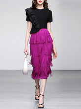 Load image into Gallery viewer, 2PS Black Ruffles Retro Short Sleeve T Shirt With Fringe Skirt Suits