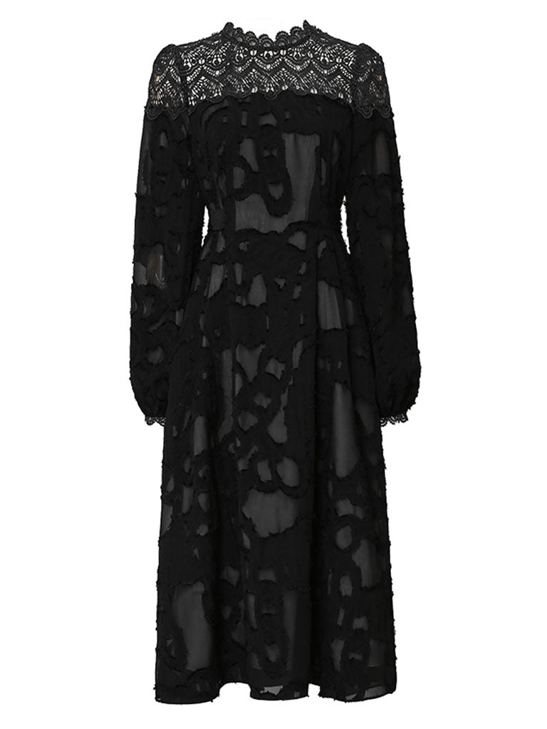Black Semi Sheer Lace Long Sleeve 1950S Vintage Dress, Black / L Black Semi Sheer Lace Long Sleeve 1950S Vintage Dress, Black / L