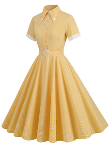 Yellow And White Plaid Daisy Claasic Collar 1950S Dress With Belt Set