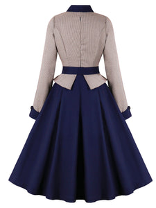 1950S Houndstooth Long Sleeve Fake Barsuit Vintage Swing Dress