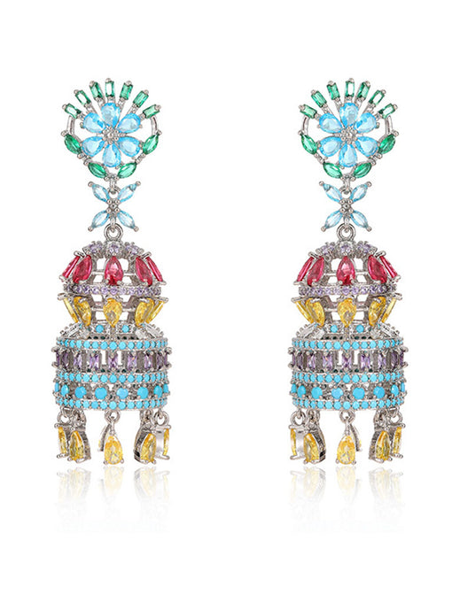 Luxury Colored Zircon Inlaid with Three-dimensional Water Drops Campanula Flower Earrings