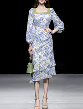Load image into Gallery viewer, Blue Floral Print Square Neck 1950S Vintage Dress