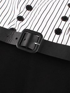 1950S Black Stripe Turndown Collar Short Sleeve Vintage Dress