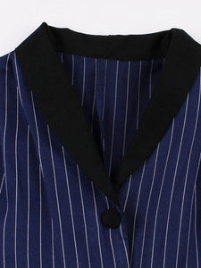 1950S Navy Vertical Stripes 3/4 Sleeve Vintage Swing Dress