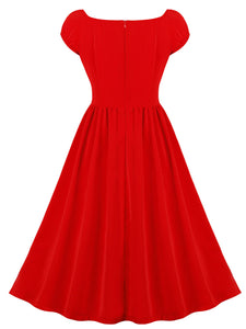 Red Off Shoulder Short Sleeve Vintage Swing Dress