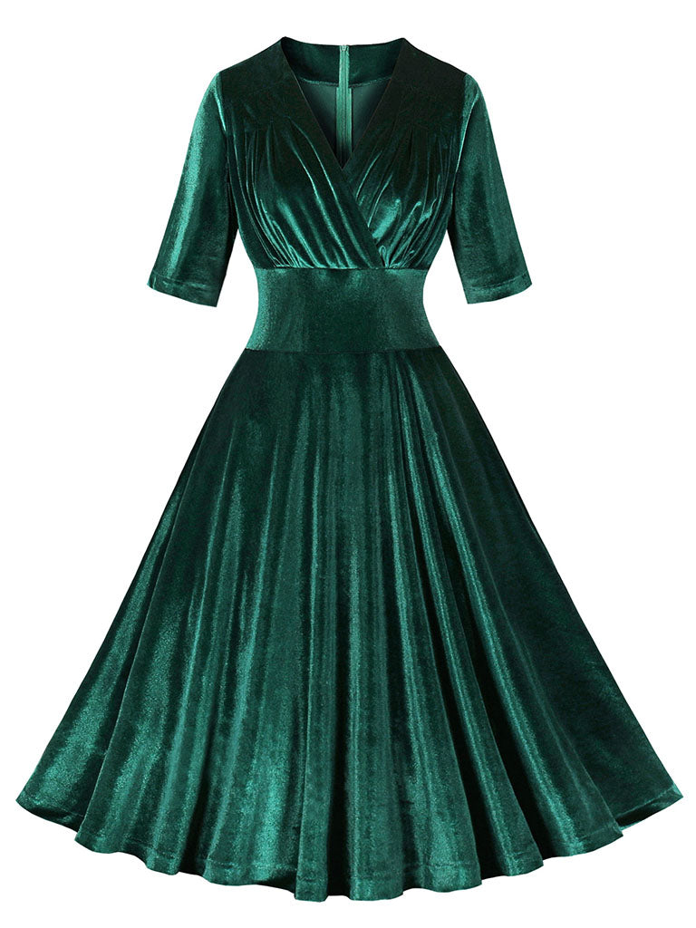 Dark Green V Neck Short Sleeve Velvet Vintage Swing Dress – Jolly Vintage