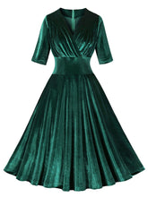 Load image into Gallery viewer, Dark Green V Neck Short Sleeve Velvet Vintage Swing Dress